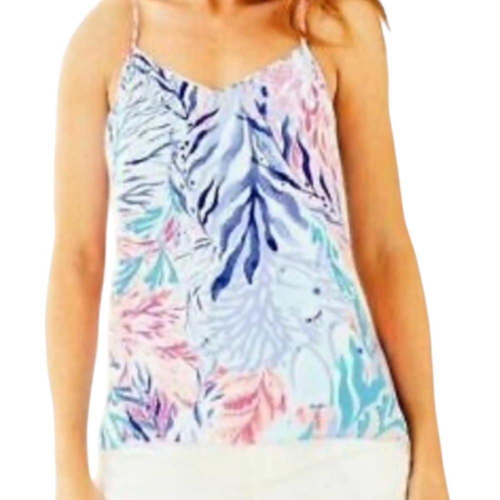 Lilly Pulitzer Dusk Tank Top Crew Blue Tint Kaleidoscope Coral Size XXS Preppy